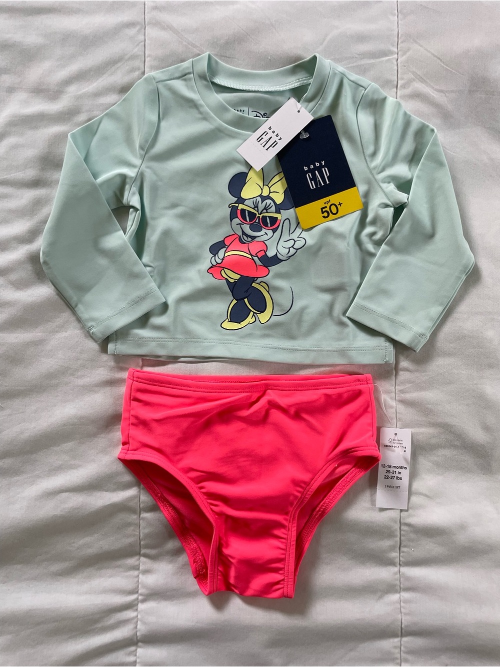 Baby GAP x Disney Mint Long-Sleeve Minnie Rashguard with Neon Pink Bottoms